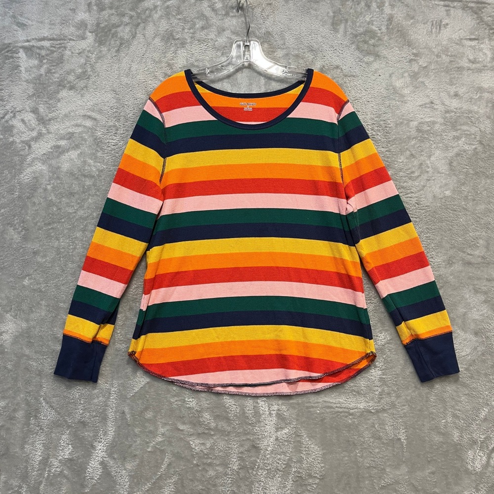 Old Navy Thermal Shirt Womens XL Multicolor Striped Waffle Knit Long Sleeve Top